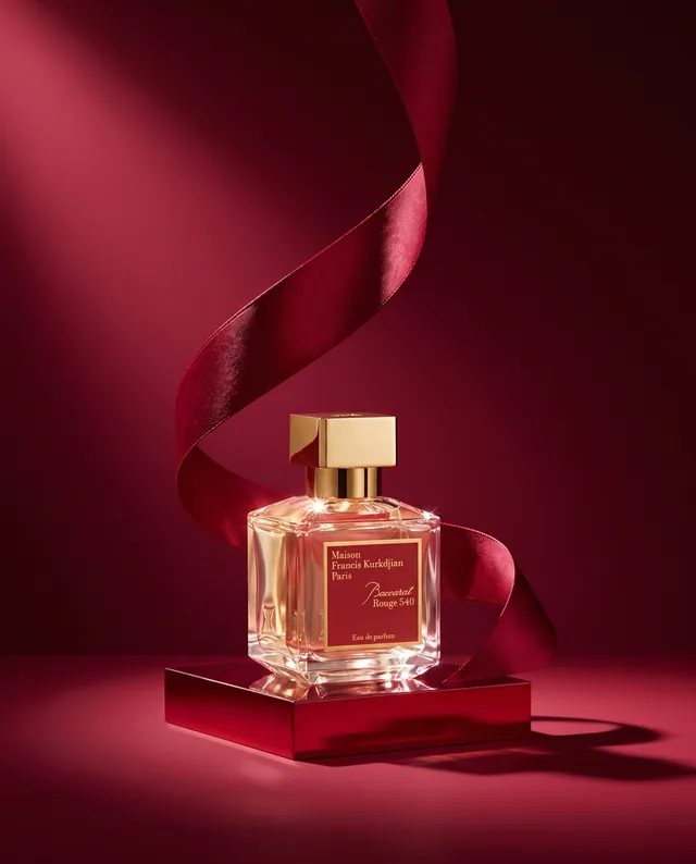 Le flacon se dévoile dans un décor rouge profond, enveloppé d’un ruban de satin.